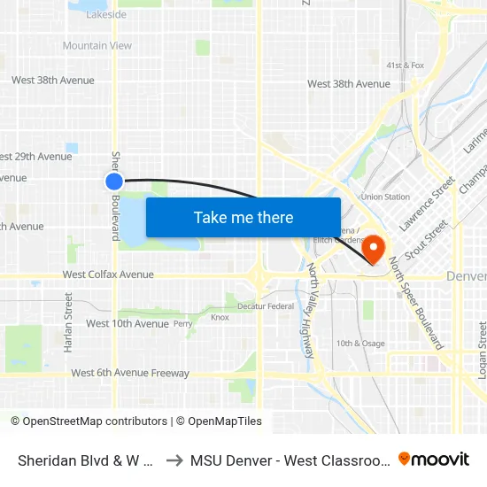 Sheridan Blvd & W 26th Ave to MSU Denver - West Classroom Building map