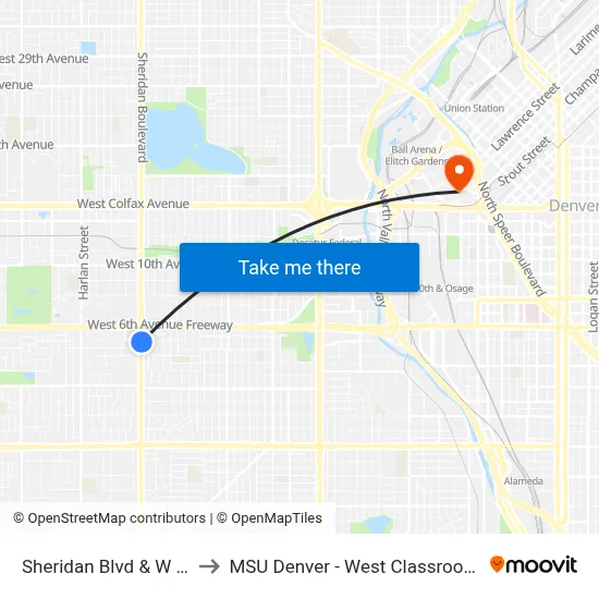 Sheridan Blvd & W 5th Ave to MSU Denver - West Classroom Building map