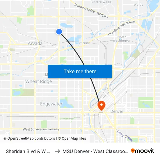 Sheridan Blvd & W 64th Ave to MSU Denver - West Classroom Building map