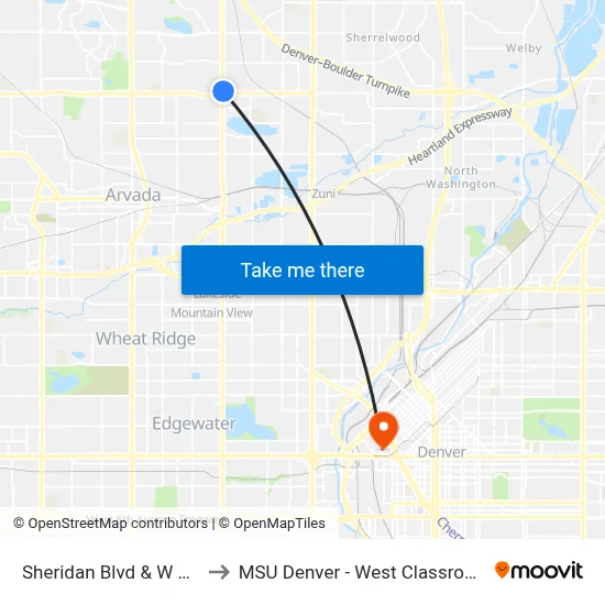 Sheridan Blvd & W 72nd Ave to MSU Denver - West Classroom Building map
