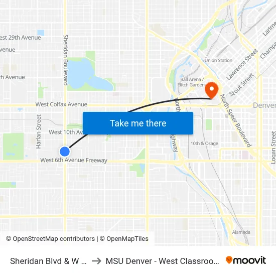 Sheridan Blvd & W 8th Ave to MSU Denver - West Classroom Building map