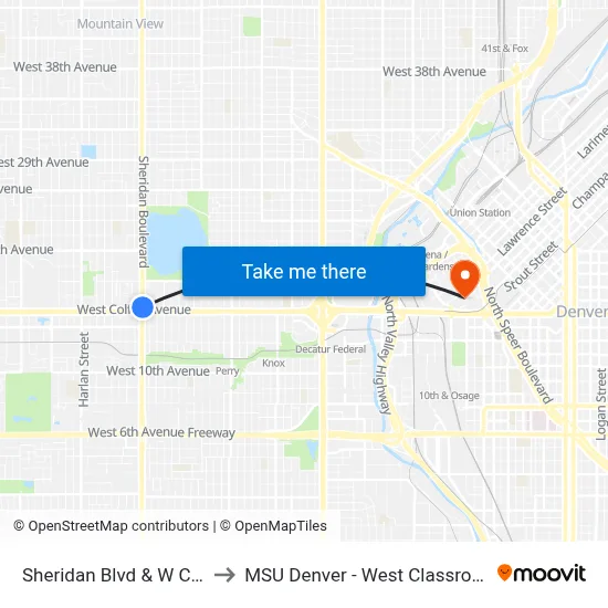 Sheridan Blvd & W Colfax Ave to MSU Denver - West Classroom Building map