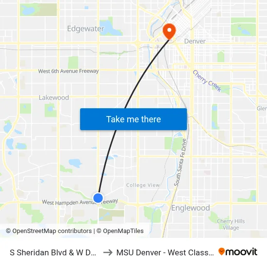 S Sheridan Blvd & W Dartmouth Ave to MSU Denver - West Classroom Building map