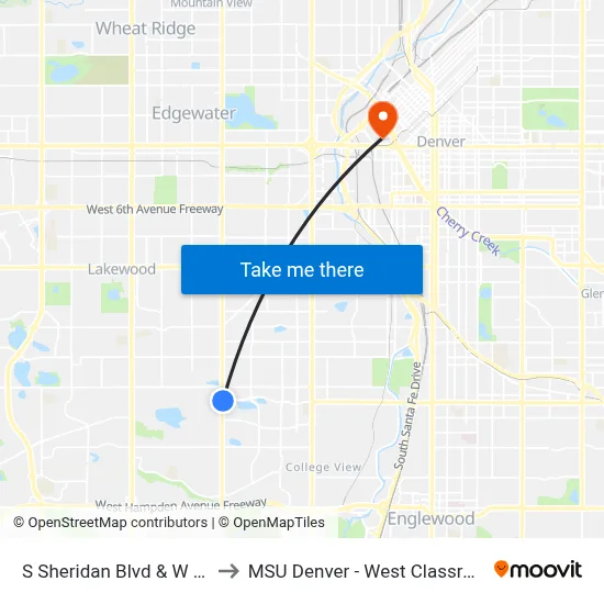 S Sheridan Blvd & W Evans Ave to MSU Denver - West Classroom Building map