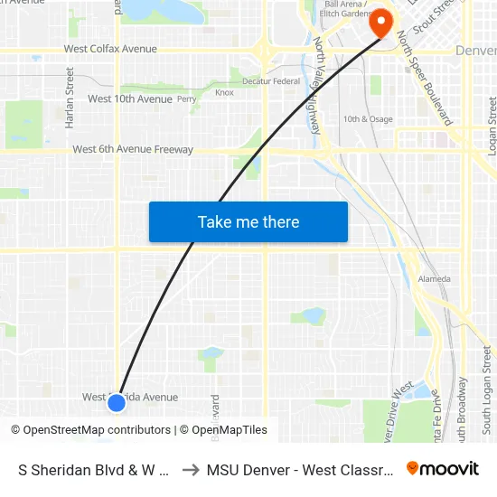 S Sheridan Blvd & W Florida Ave to MSU Denver - West Classroom Building map