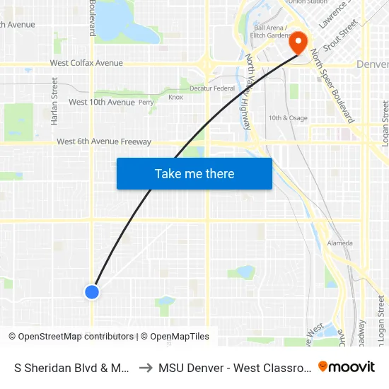 S Sheridan Blvd & Morrison Rd to MSU Denver - West Classroom Building map