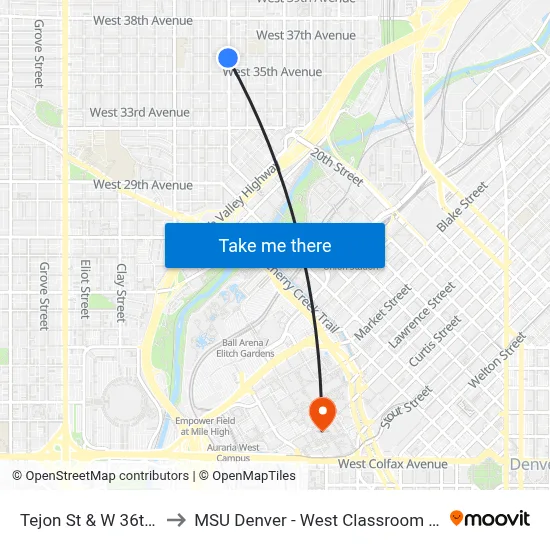 Tejon St & W 36th Ave to MSU Denver - West Classroom Building map