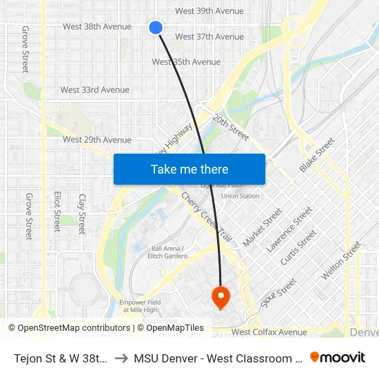 Tejon St & W 38th Ave to MSU Denver - West Classroom Building map