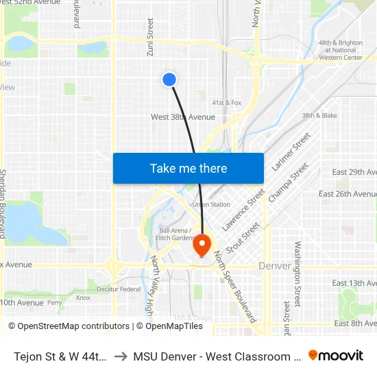 Tejon St & W 44th Ave to MSU Denver - West Classroom Building map