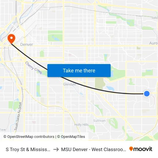 S Troy St & Mississippi Ave to MSU Denver - West Classroom Building map