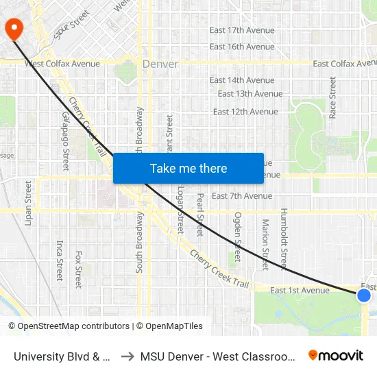 University Blvd & 1st Ave to MSU Denver - West Classroom Building map