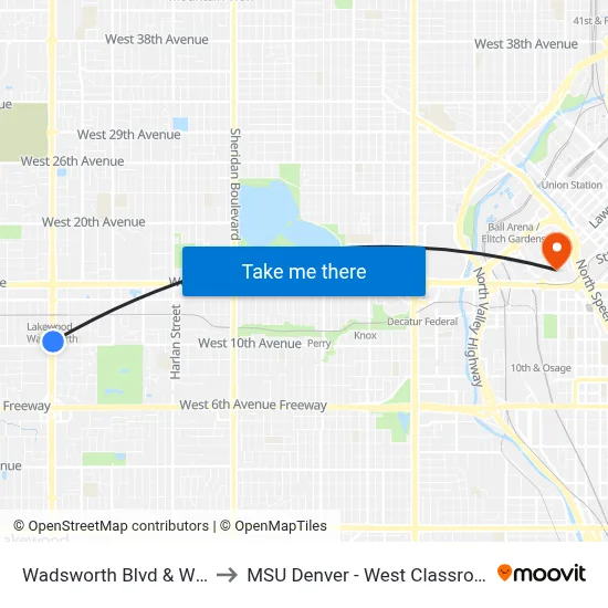 Wadsworth Blvd & W 10th Ave to MSU Denver - West Classroom Building map