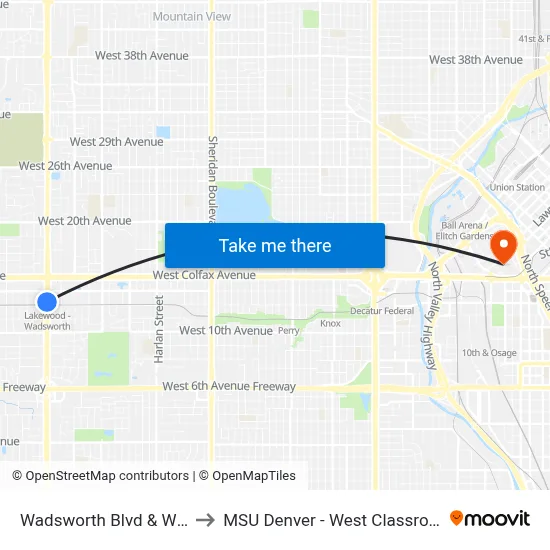 Wadsworth Blvd & W 13th Ave to MSU Denver - West Classroom Building map