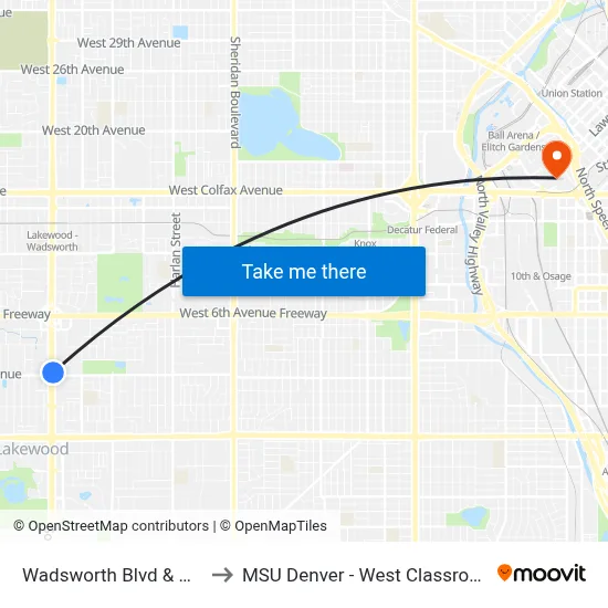 Wadsworth Blvd & W 1st Ave to MSU Denver - West Classroom Building map