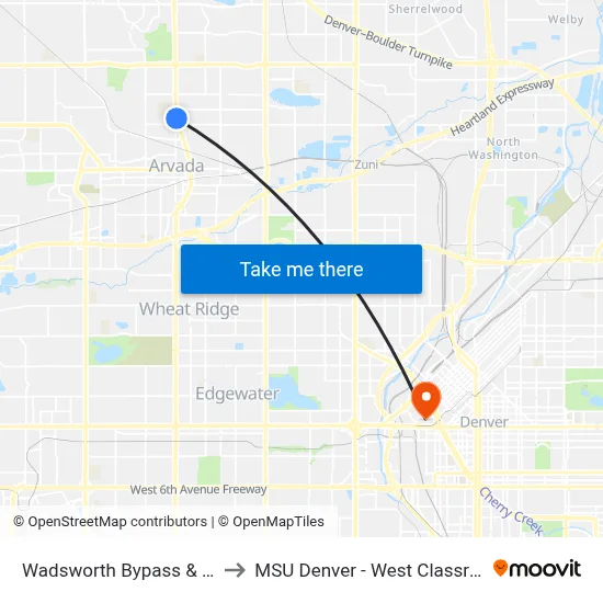 Wadsworth Bypass & W 64th Ave to MSU Denver - West Classroom Building map