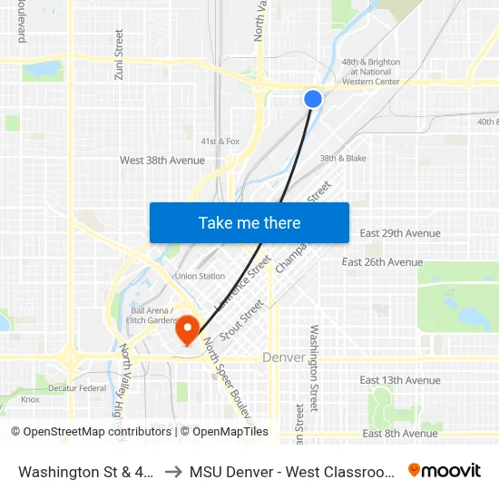 Washington St & 45th Ave to MSU Denver - West Classroom Building map