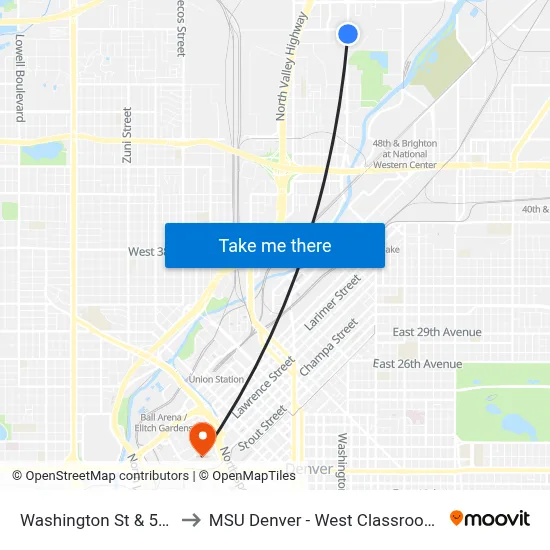 Washington St & 56th Ave to MSU Denver - West Classroom Building map