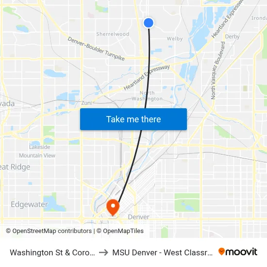 Washington St & Coronado Pkwy to MSU Denver - West Classroom Building map