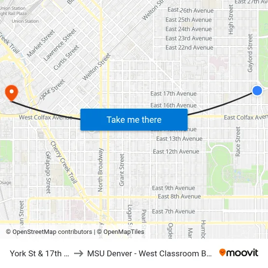 York St & 17th Ave to MSU Denver - West Classroom Building map