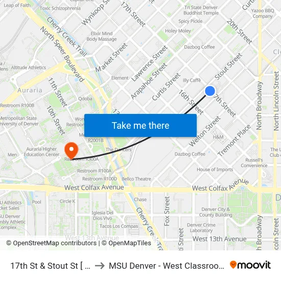 17th St & Stout St [ Y Stop ] to MSU Denver - West Classroom Building map
