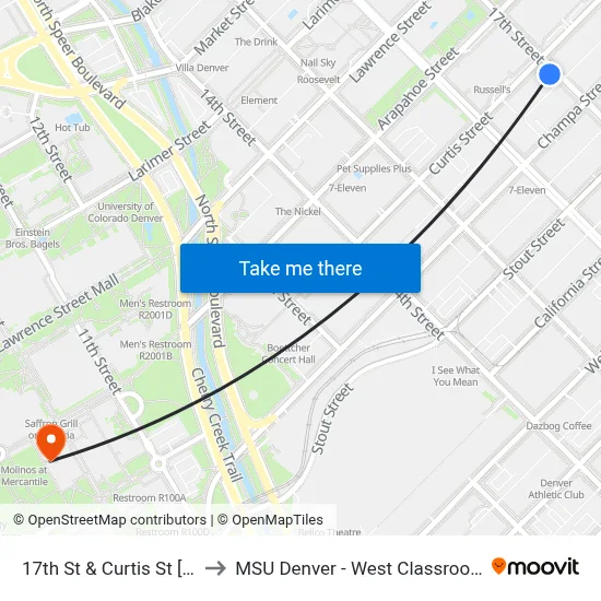 17th St & Curtis St [ Z Stop ] to MSU Denver - West Classroom Building map