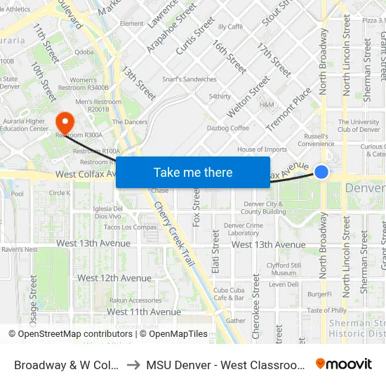 Broadway & W Colfax Ave to MSU Denver - West Classroom Building map