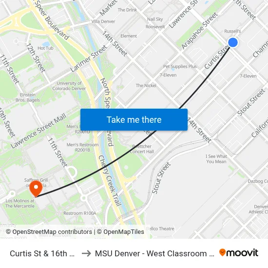 Curtis St & 16th Street to MSU Denver - West Classroom Building map
