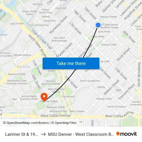 Larimer St & 19th St to MSU Denver - West Classroom Building map