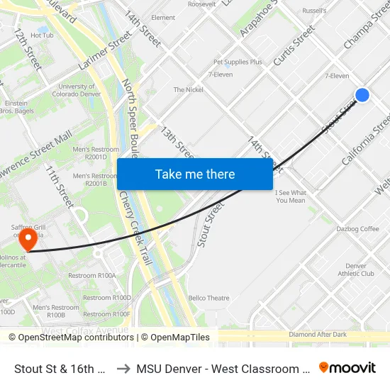 Stout St & 16th Street to MSU Denver - West Classroom Building map