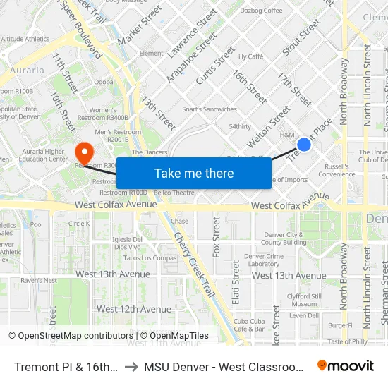 Tremont Pl & 16th Street to MSU Denver - West Classroom Building map