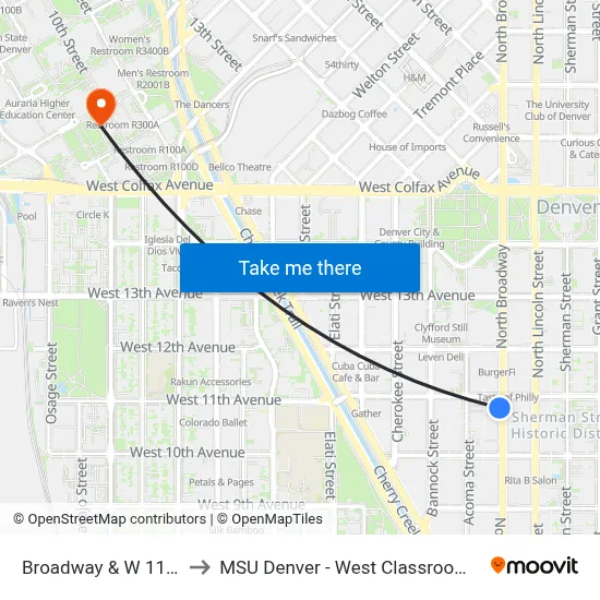Broadway & W 11th Ave to MSU Denver - West Classroom Building map