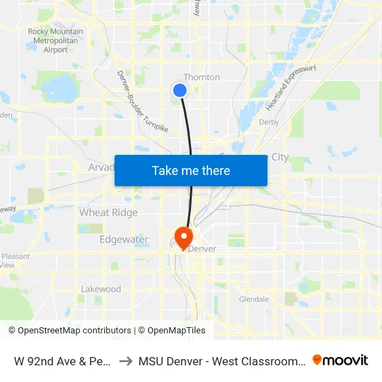 W 92nd Ave & Pecos St to MSU Denver - West Classroom Building map