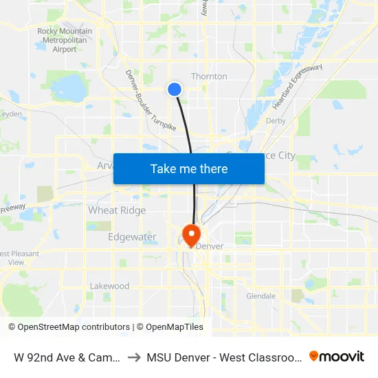 W 92nd Ave & Camenish St to MSU Denver - West Classroom Building map