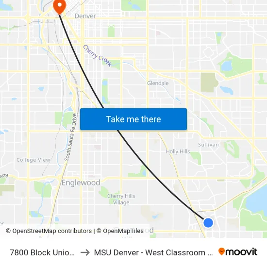 7800 Block Union Ave to MSU Denver - West Classroom Building map