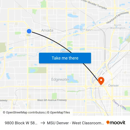 9800 Block W 58th Ave to MSU Denver - West Classroom Building map