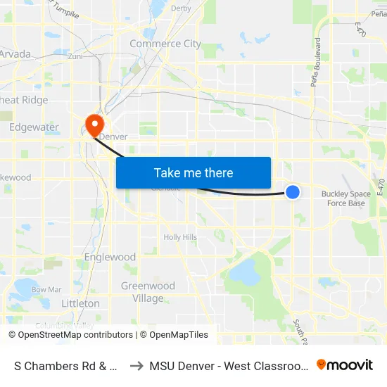 S Chambers Rd & Ohio Ave to MSU Denver - West Classroom Building map