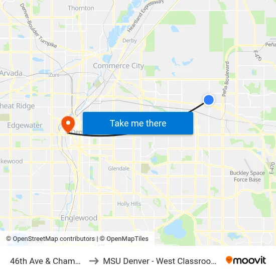 46th Ave & Chambers Rd to MSU Denver - West Classroom Building map