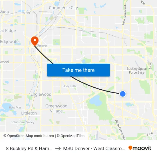 S Buckley Rd & Hampden Ave to MSU Denver - West Classroom Building map