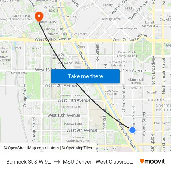 Bannock St & W 9th Ave to MSU Denver - West Classroom Building map