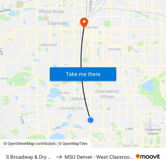 S Broadway & Dry Creek Rd to MSU Denver - West Classroom Building map