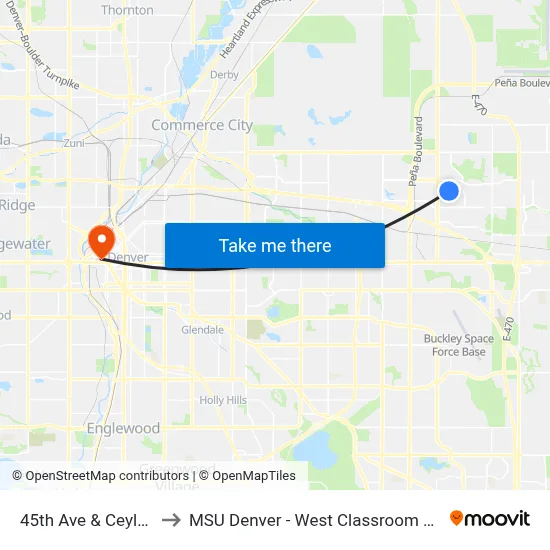 45th Ave & Ceylon St to MSU Denver - West Classroom Building map