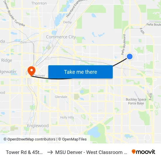 Tower Rd & 45th Ave to MSU Denver - West Classroom Building map
