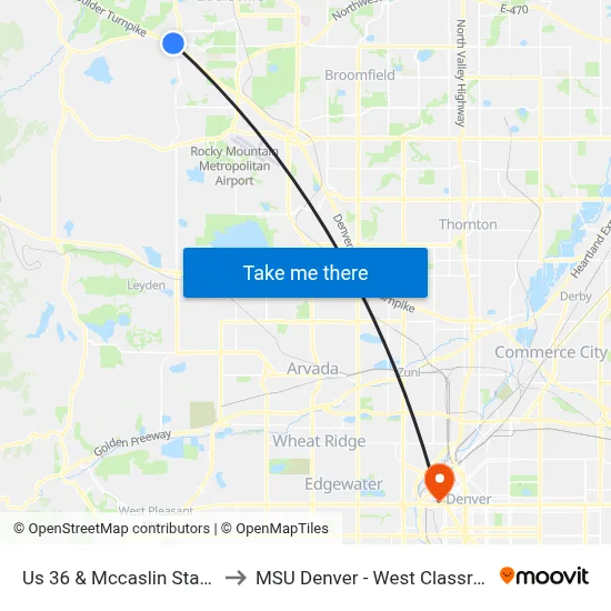 Us 36 & Mccaslin Station Gate D to MSU Denver - West Classroom Building map