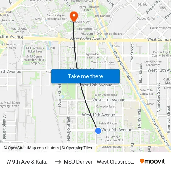 W 9th Ave & Kalamath St to MSU Denver - West Classroom Building map