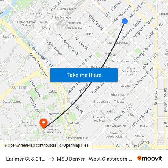 Larimer St & 21st St to MSU Denver - West Classroom Building map