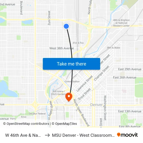 W 46th Ave & Navajo St to MSU Denver - West Classroom Building map