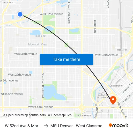 W 52nd Ave & Marshall St to MSU Denver - West Classroom Building map