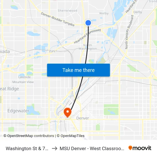Washington St & 73rd Ave to MSU Denver - West Classroom Building map