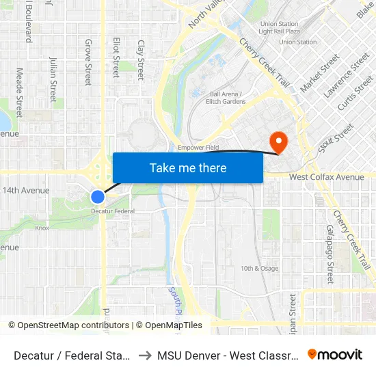Decatur / Federal Station Gate G to MSU Denver - West Classroom Building map