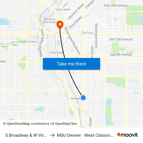 S Broadway & W Virginia Ave to MSU Denver - West Classroom Building map